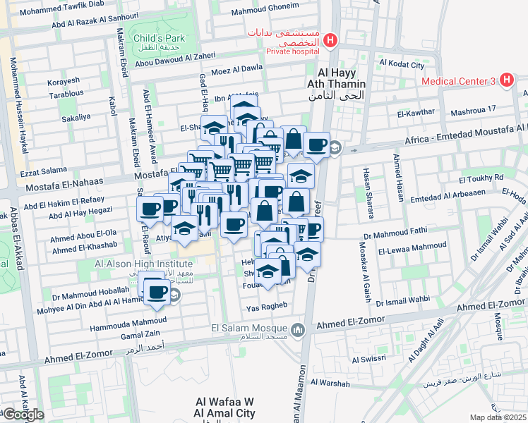 map of restaurants, bars, coffee shops, grocery stores, and more near 44 Ibrahim El-Refaey in Nasr City