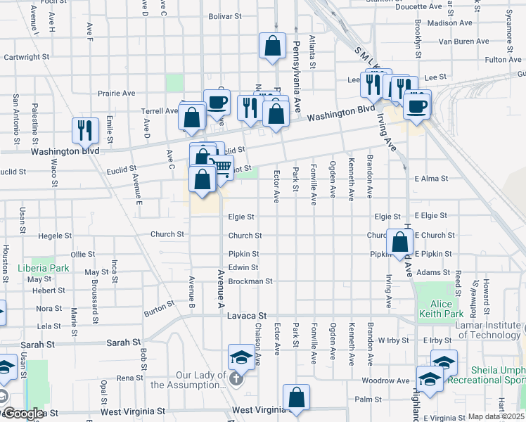 map of restaurants, bars, coffee shops, grocery stores, and more near 1212 Elgie Street in Beaumont