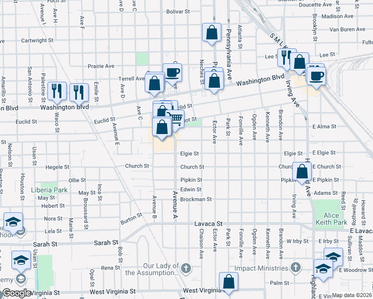 map of restaurants, bars, coffee shops, grocery stores, and more near 1370 Elgie Street in Beaumont