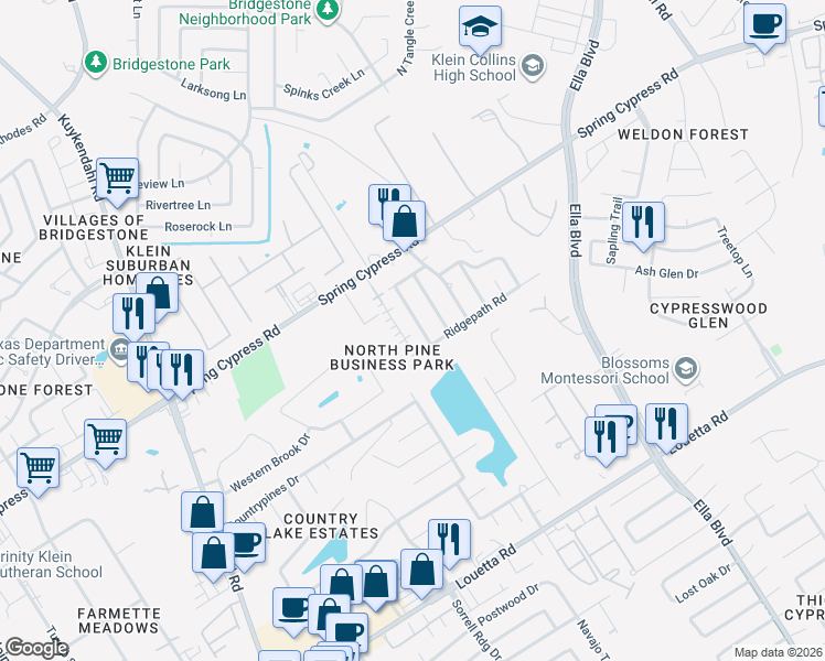 map of restaurants, bars, coffee shops, grocery stores, and more near 4305 Spring Cypress Road in Spring