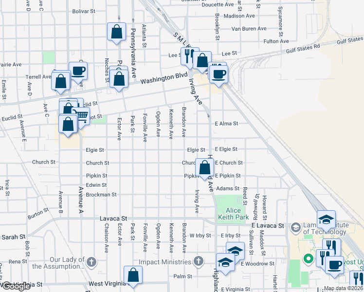 map of restaurants, bars, coffee shops, grocery stores, and more near 751 Elgie Street in Beaumont