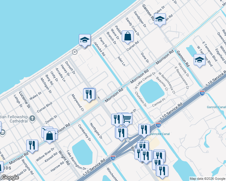map of restaurants, bars, coffee shops, grocery stores, and more near 2 West Blue Ridge Court in New Orleans