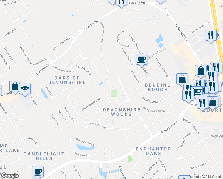 map of restaurants, bars, coffee shops, grocery stores, and more near 2502 Honeysuckle Walk in Spring