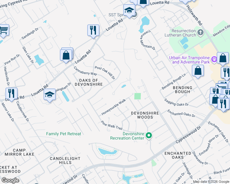 map of restaurants, bars, coffee shops, grocery stores, and more near 20325 Budde Cemetary Road in Spring