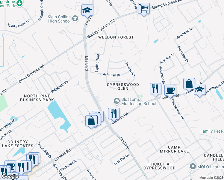 map of restaurants, bars, coffee shops, grocery stores, and more near 20115 Forest Drive in Spring