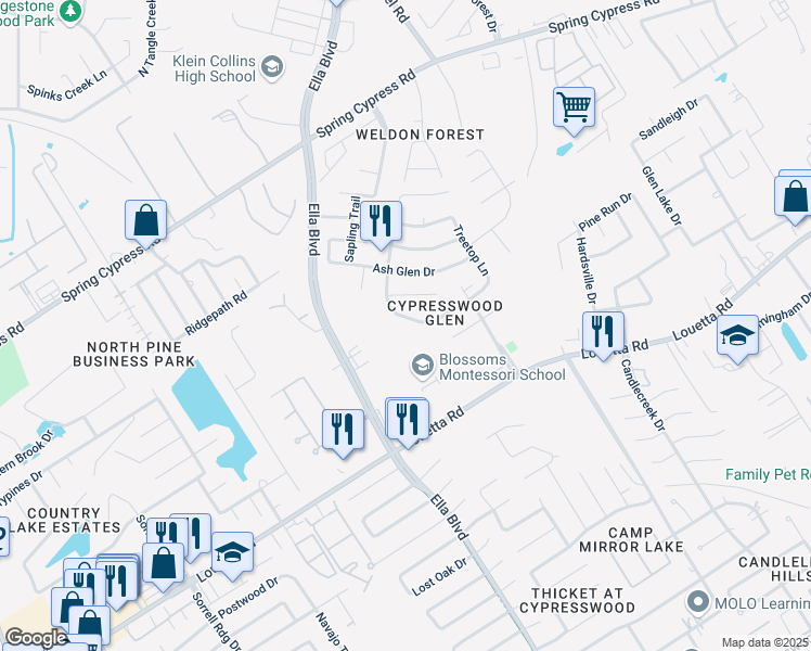 map of restaurants, bars, coffee shops, grocery stores, and more near 20115 Forest Drive in Spring