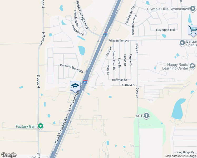 map of restaurants, bars, coffee shops, grocery stores, and more near 133 Circle Drive in Buda