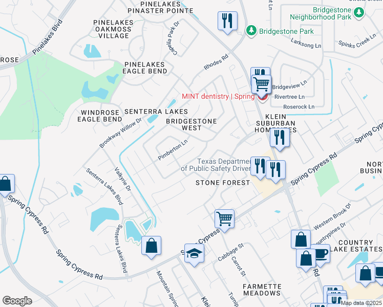 map of restaurants, bars, coffee shops, grocery stores, and more near 5502 Roserock Lane in Spring