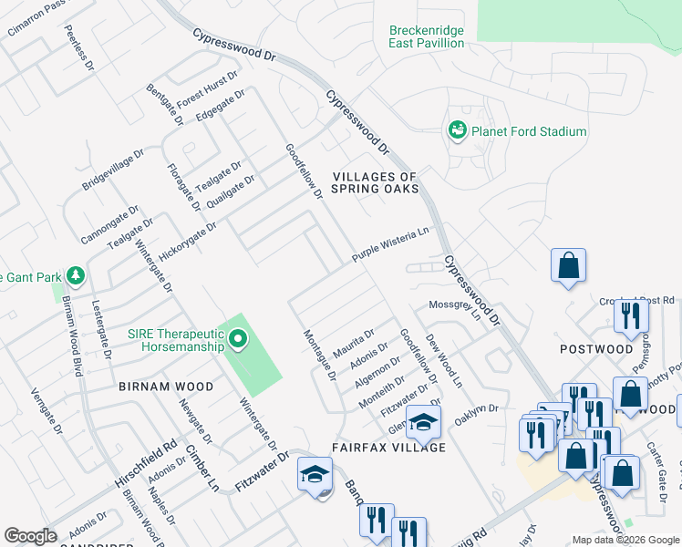 map of restaurants, bars, coffee shops, grocery stores, and more near 5014 Purple Wisteria Lane in Spring