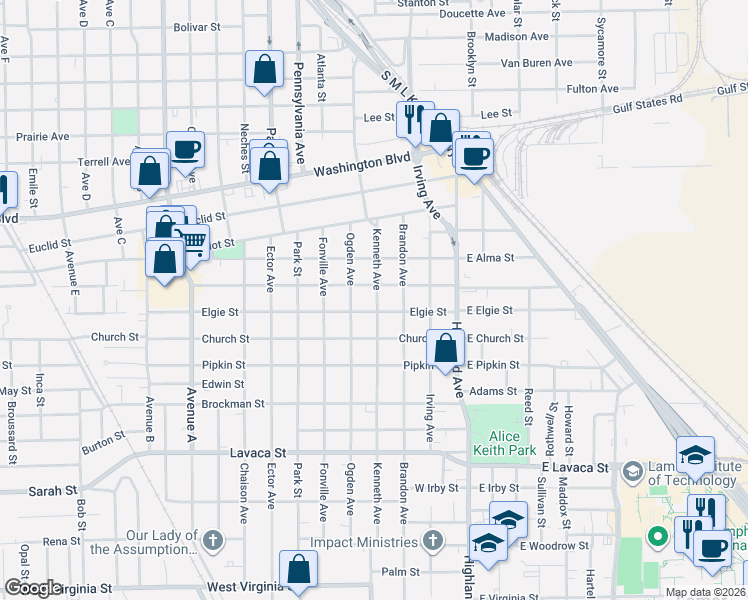 map of restaurants, bars, coffee shops, grocery stores, and more near 751 Elgie Street in Beaumont