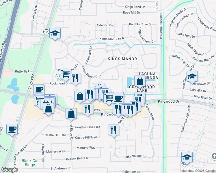 map of restaurants, bars, coffee shops, grocery stores, and more near 623 Lakeville Drive in Humble