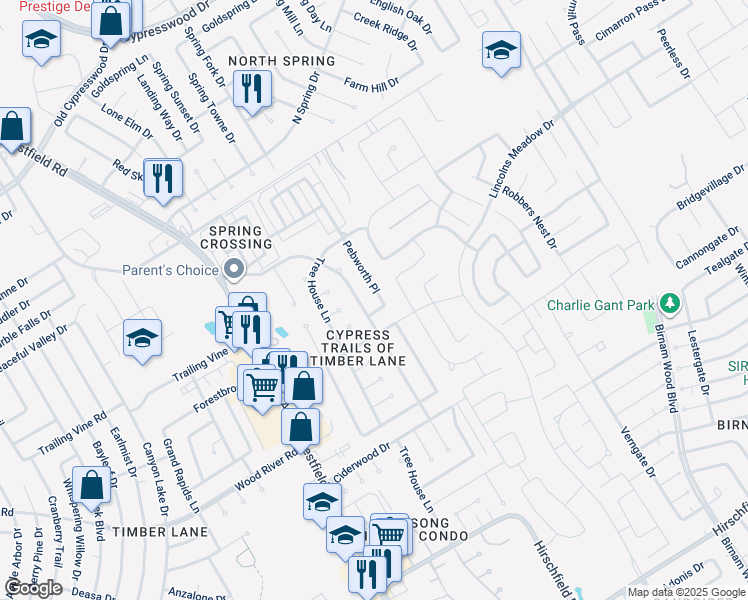 map of restaurants, bars, coffee shops, grocery stores, and more near 23515 Pebworth Place in Spring