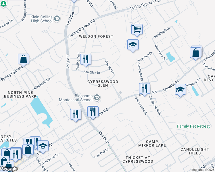 map of restaurants, bars, coffee shops, grocery stores, and more near 3607 Walnut Forest Lane in Spring