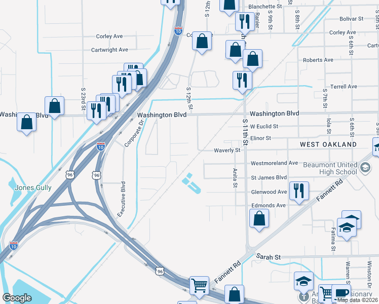 map of restaurants, bars, coffee shops, grocery stores, and more near 4005 Procter Street in Beaumont