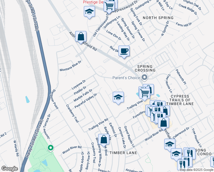 map of restaurants, bars, coffee shops, grocery stores, and more near 23623 Maple View Drive in Spring