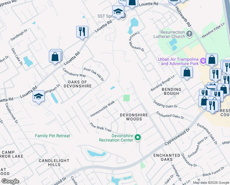 map of restaurants, bars, coffee shops, grocery stores, and more near 2522 Honeysuckle Walk in Spring