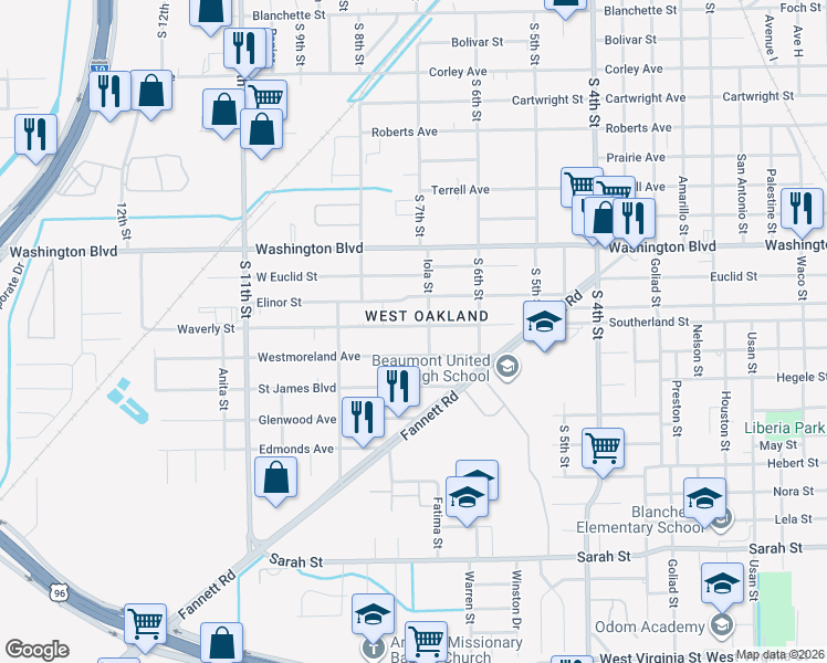 map of restaurants, bars, coffee shops, grocery stores, and more near 3198 Westmoreland Street in Beaumont