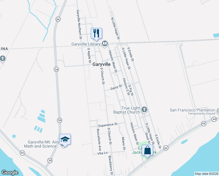 map of restaurants, bars, coffee shops, grocery stores, and more near 213 Daisy Street in Garyville