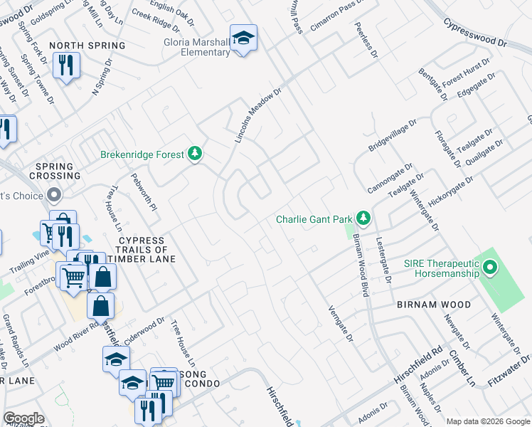 map of restaurants, bars, coffee shops, grocery stores, and more near 4123 Wyanngate Drive in Spring