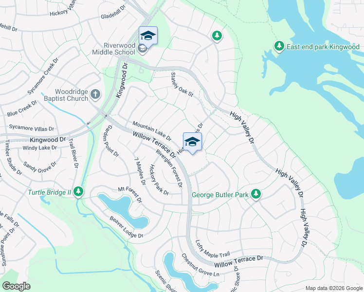 map of restaurants, bars, coffee shops, grocery stores, and more near 2102 Mountain Lake Drive in Houston
