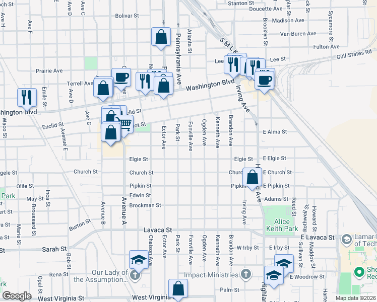 map of restaurants, bars, coffee shops, grocery stores, and more near 1045 Elgie Street in Beaumont