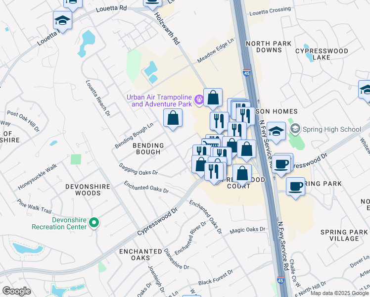 map of restaurants, bars, coffee shops, grocery stores, and more near 19712 Hickory Twig Way in Spring
