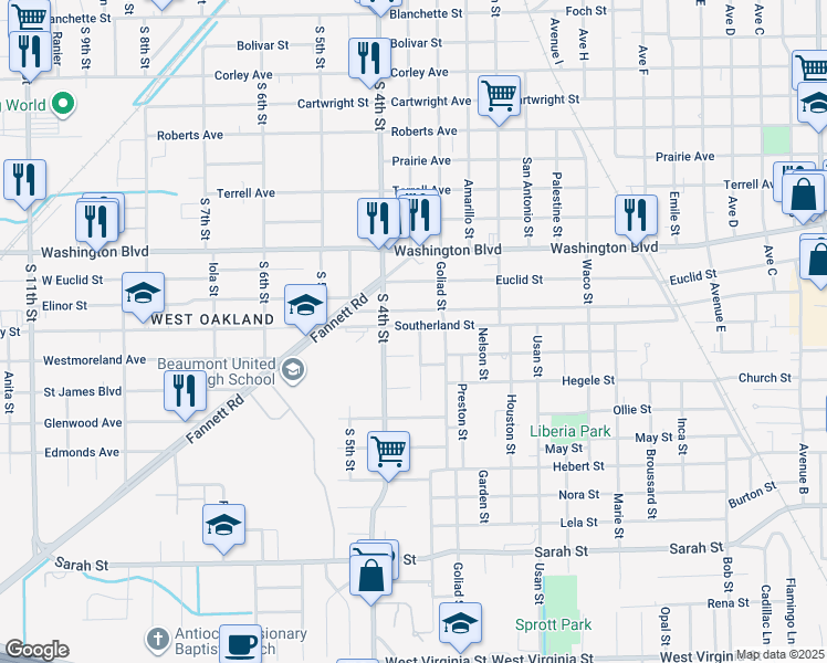 map of restaurants, bars, coffee shops, grocery stores, and more near 2830 Westmoreland Avenue in Beaumont