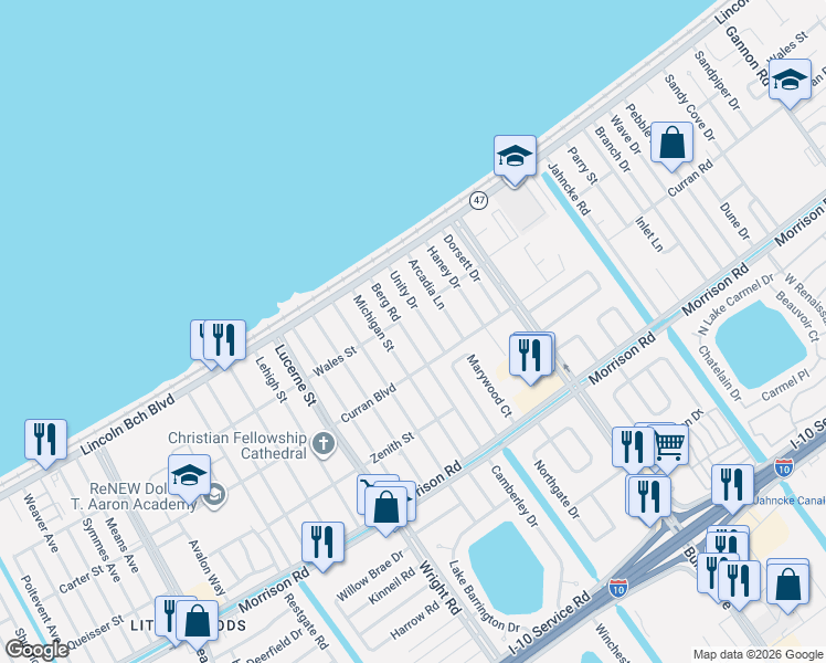map of restaurants, bars, coffee shops, grocery stores, and more near 7720 Berg Street in New Orleans