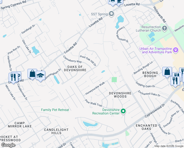 map of restaurants, bars, coffee shops, grocery stores, and more near 2702 Alderleaf Place in Spring