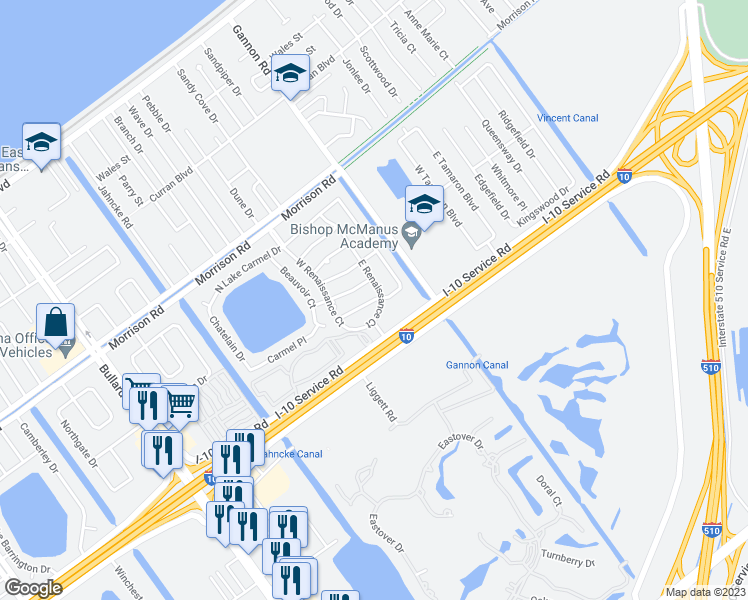 map of restaurants, bars, coffee shops, grocery stores, and more near 12900 Ashland Drive in New Orleans