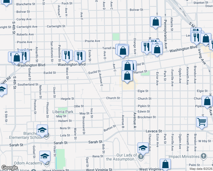 map of restaurants, bars, coffee shops, grocery stores, and more near 1630 Elgie Street in Beaumont