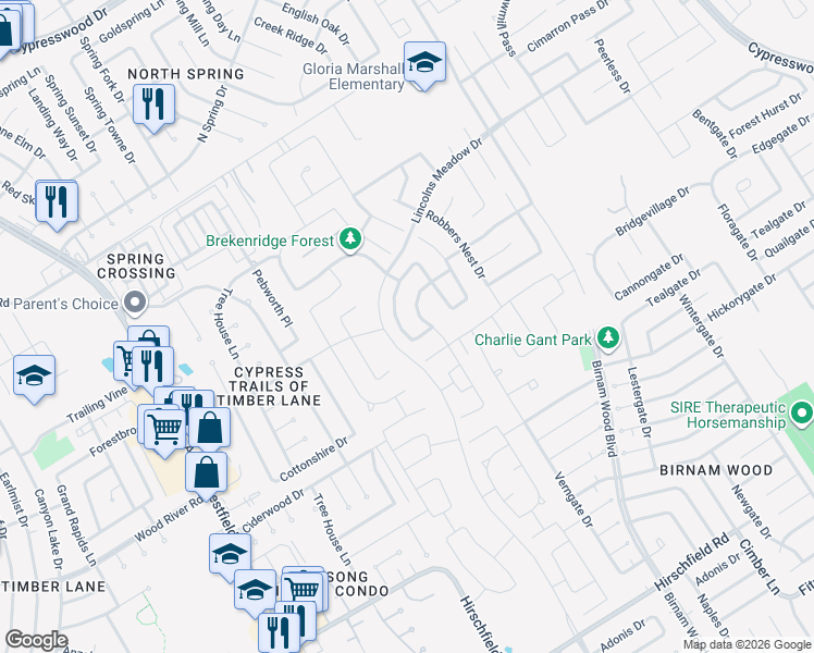 map of restaurants, bars, coffee shops, grocery stores, and more near 23111 Pelham Prairie Lane in Spring