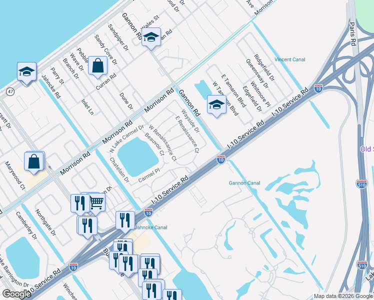 map of restaurants, bars, coffee shops, grocery stores, and more near 7010 East Renaissance Court in New Orleans