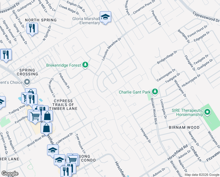 map of restaurants, bars, coffee shops, grocery stores, and more near in Spring