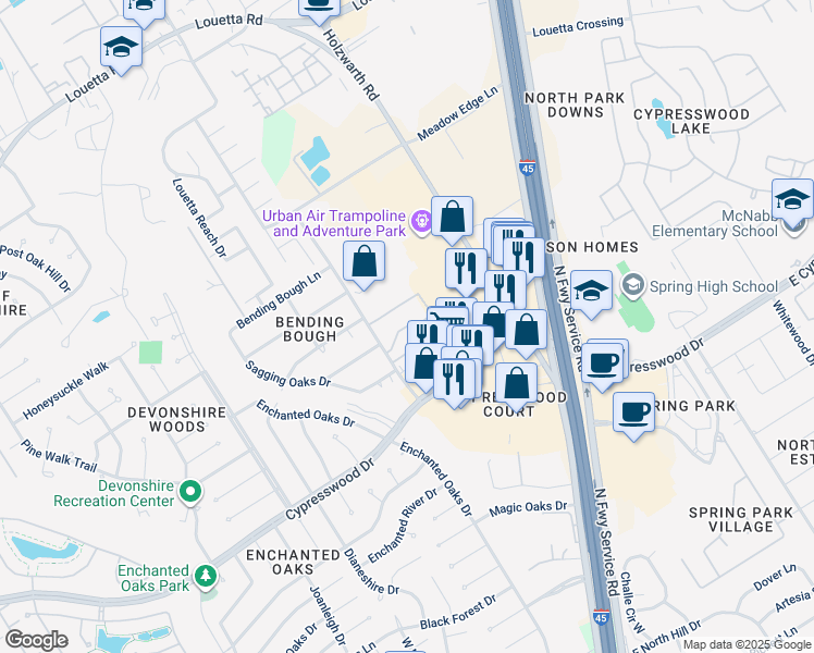 map of restaurants, bars, coffee shops, grocery stores, and more near 19700 Hickory Twig Way in Spring