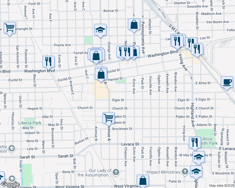 map of restaurants, bars, coffee shops, grocery stores, and more near 1370 Elgie Street in Beaumont