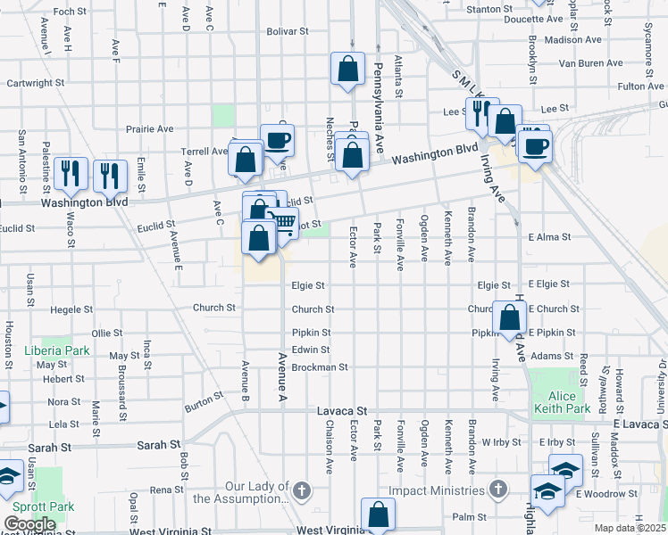 map of restaurants, bars, coffee shops, grocery stores, and more near 1212 Elgie Street in Beaumont