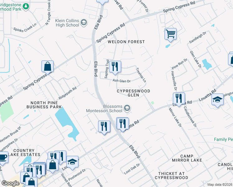 map of restaurants, bars, coffee shops, grocery stores, and more near 20115 Forest Drive in Spring