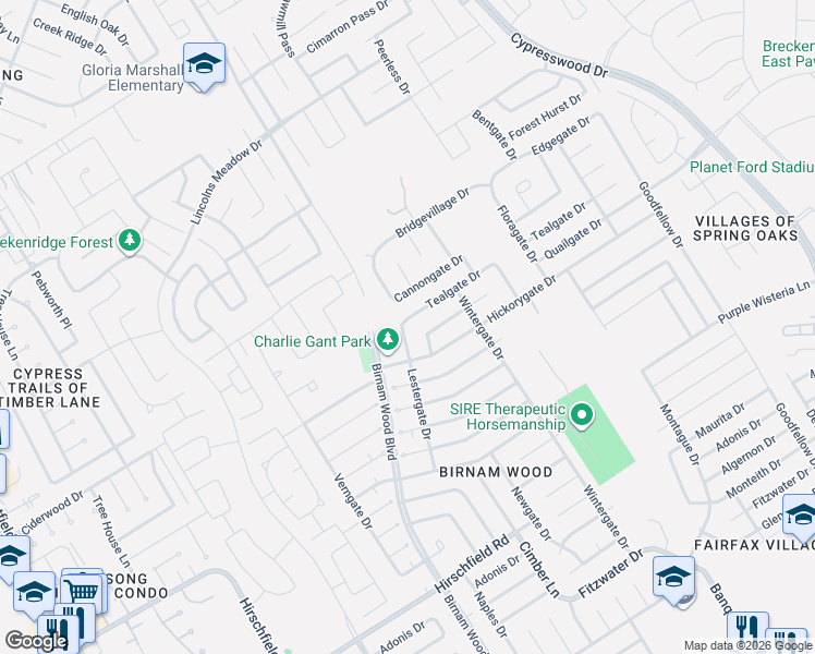 map of restaurants, bars, coffee shops, grocery stores, and more near 23823 Lestergate Drive in Spring
