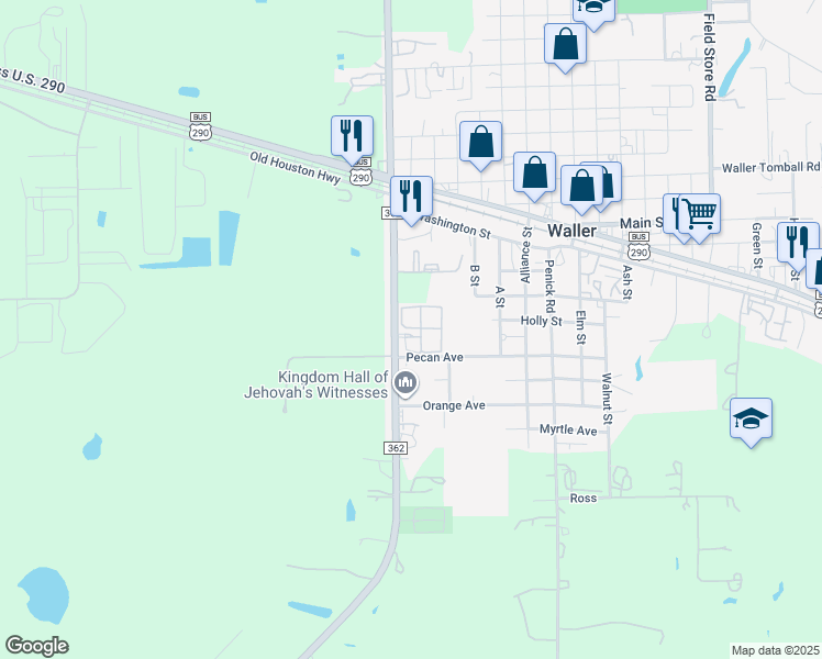map of restaurants, bars, coffee shops, grocery stores, and more near 19610 Farm to Market 362 in Waller