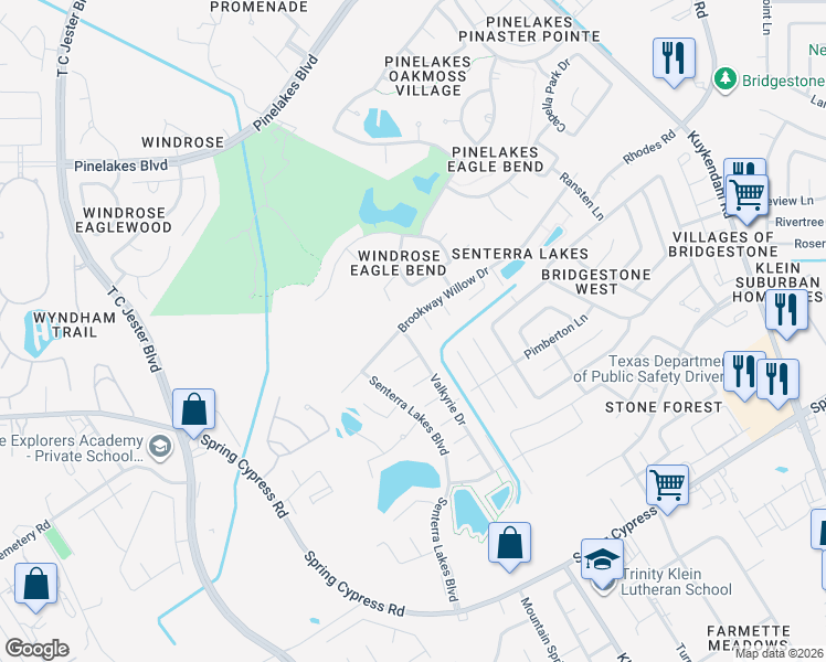 map of restaurants, bars, coffee shops, grocery stores, and more near 5814 Brookway Willow Drive in Spring