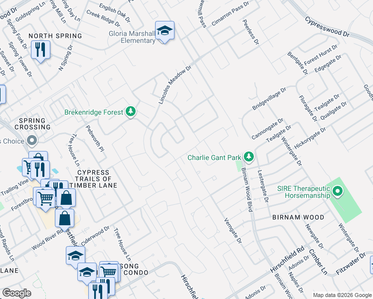 map of restaurants, bars, coffee shops, grocery stores, and more near 4203 Wyanngate Drive in Spring