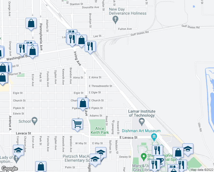 map of restaurants, bars, coffee shops, grocery stores, and more near 3401 Reed Street in Beaumont