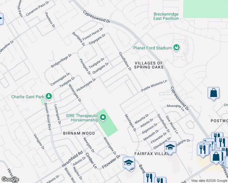 map of restaurants, bars, coffee shops, grocery stores, and more near 4818 Blue Jacaranda Way in Spring