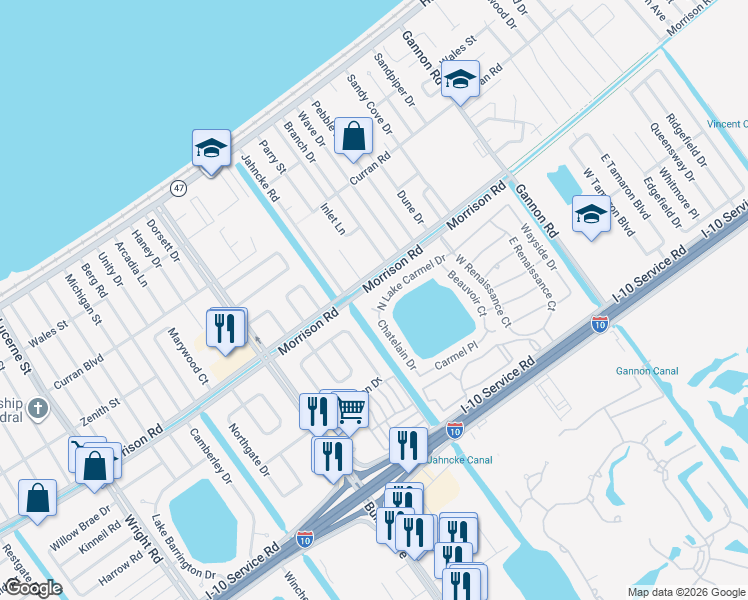 map of restaurants, bars, coffee shops, grocery stores, and more near 2401 Morrison Road in New Orleans