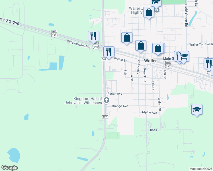 map of restaurants, bars, coffee shops, grocery stores, and more near Farm to Market 362 in Waller