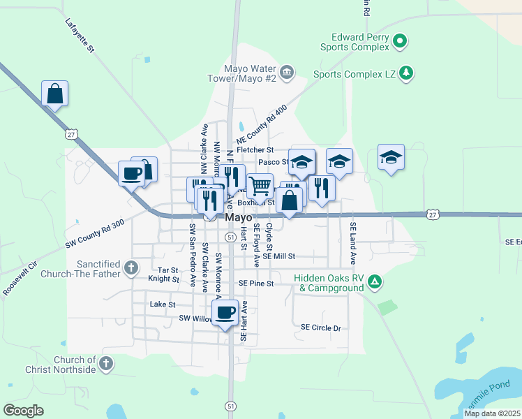 map of restaurants, bars, coffee shops, grocery stores, and more near 213 East Main Street in Mayo