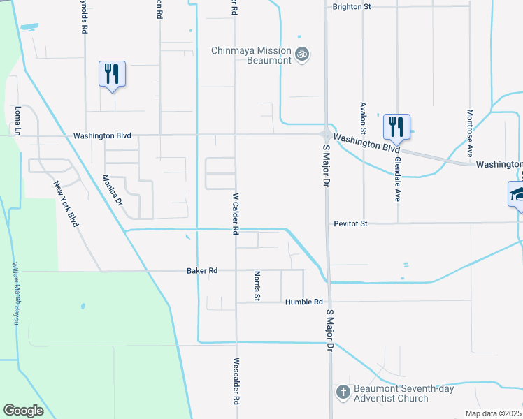 map of restaurants, bars, coffee shops, grocery stores, and more near 2235 Wescalder Road in Beaumont