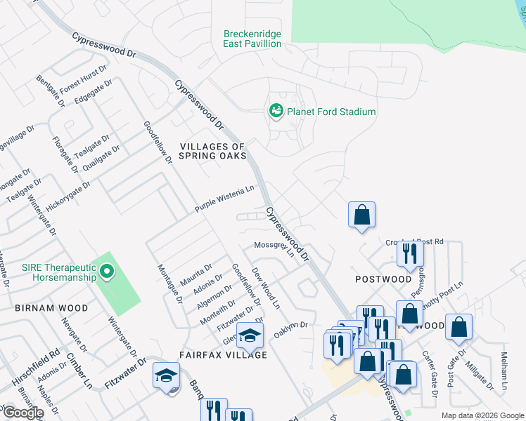 map of restaurants, bars, coffee shops, grocery stores, and more near 23515 Cypresswood Drive in Spring
