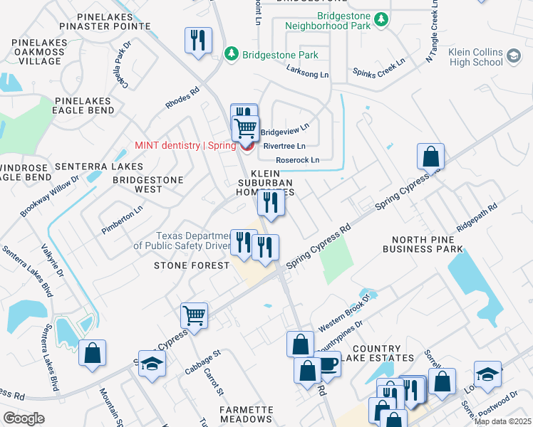 map of restaurants, bars, coffee shops, grocery stores, and more near 19430 Kuykendahl Road in Spring